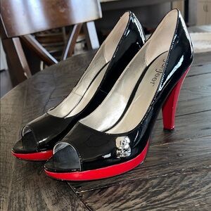 NC STATE Glossy Black and Red Peep Toe Heels